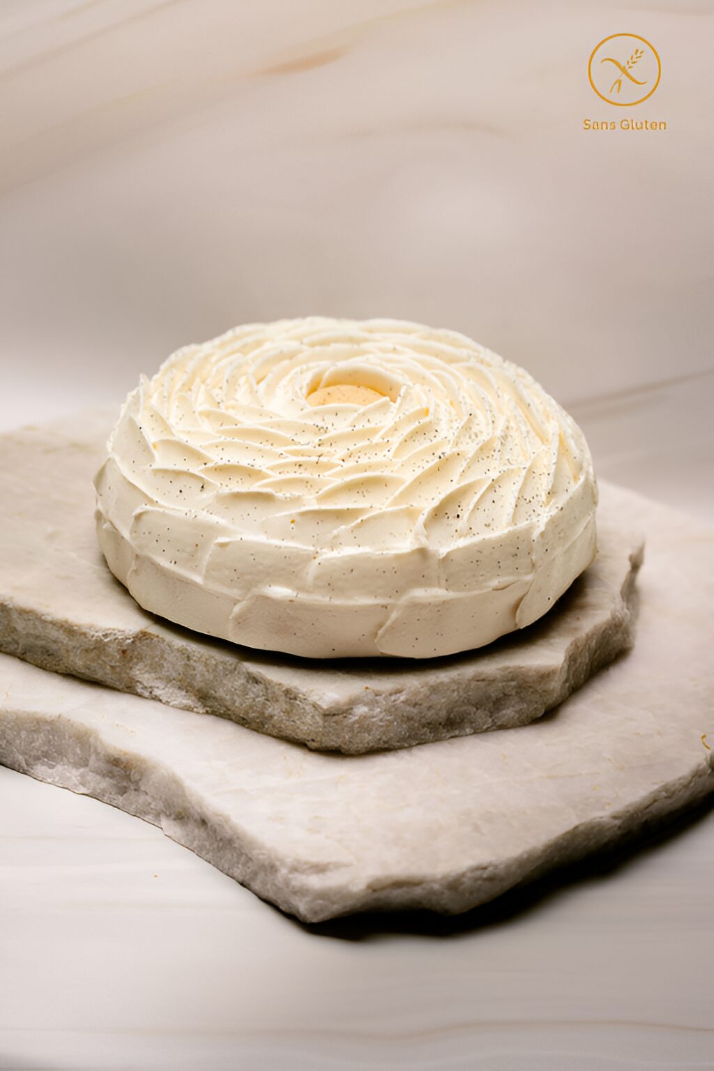 Gâteau rond sans gluten glacé de crème blanche en spirale, posé sur plaques de pierre.
