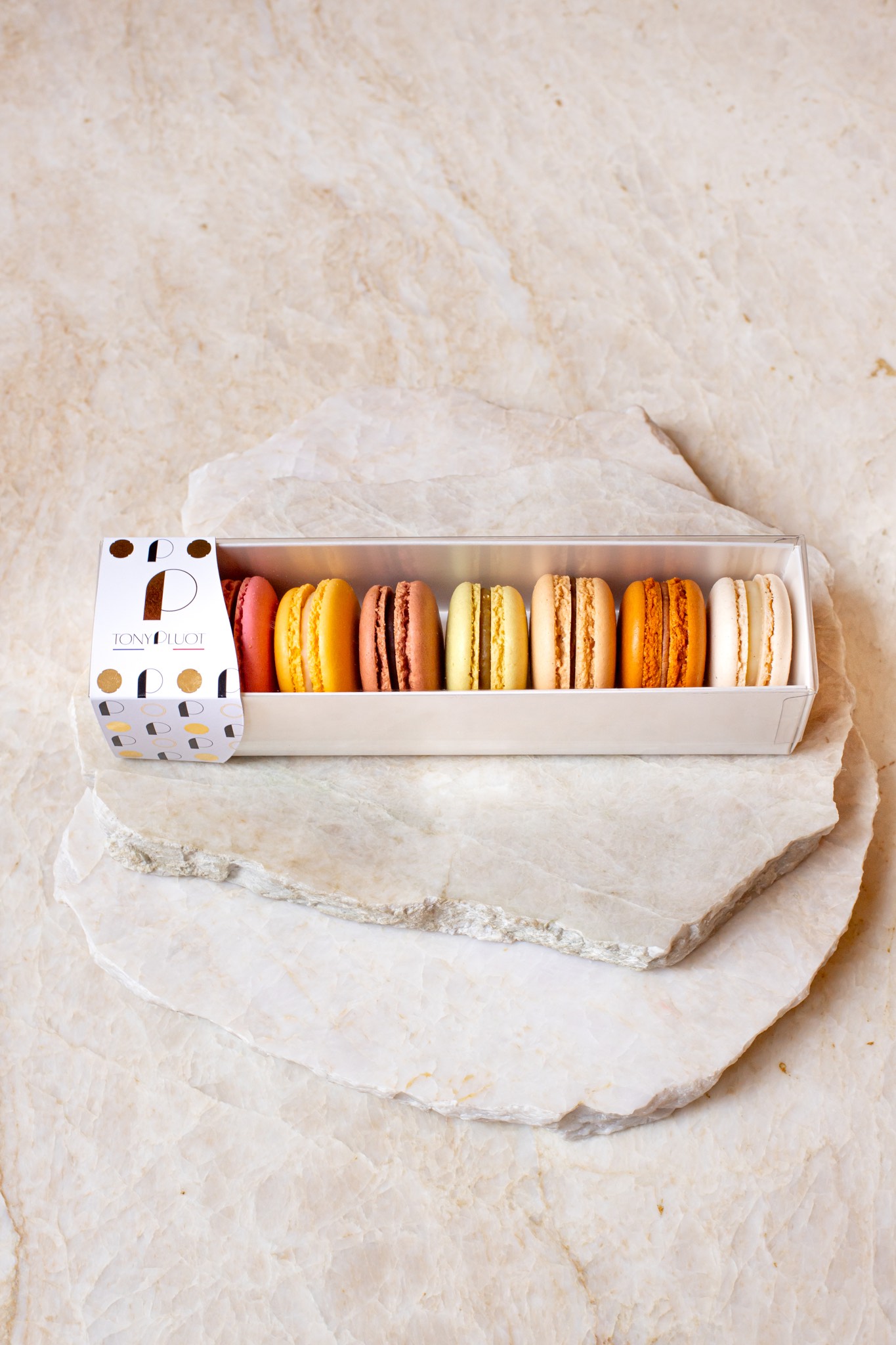 Macarons_TonyPluot Boîte haut de gamme de macarons assortis faits maison avec différentes garnitures, parfums et savoureux