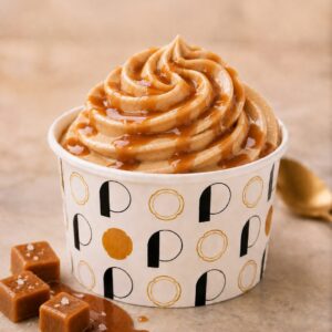 Pot de glace rond avec des lettres noires et dorées, rosace de glace pochée de couleur marron caramel et de goût caramel fleur de sel avec un coulis caramel fleur de sel.