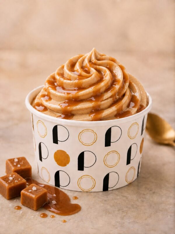 Pot de glace rond avec des lettres noires et dorées, rosace de glace pochée de couleur marron caramel et de goût caramel fleur de sel avec un coulis caramel fleur de sel.
