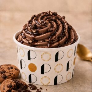 Pot de glace rond avec des lettres noires et dorées, rosace de glace pochée de couleur marron chocolat et de goût chocolat noir avec des éclats de cookies parsemés.