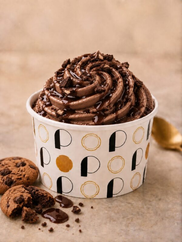 Pot de glace rond avec des lettres noires et dorées, rosace de glace pochée de couleur marron chocolat et de goût chocolat noir avec des éclats de cookies parsemés.