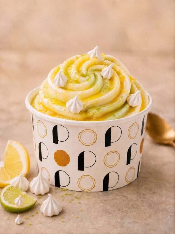 Pot de glace rond avec des lettres noires et dorées, rosace de glace pochée de couleur citron vert et jaune et de goût citron avec de meringues parsemées blanches.