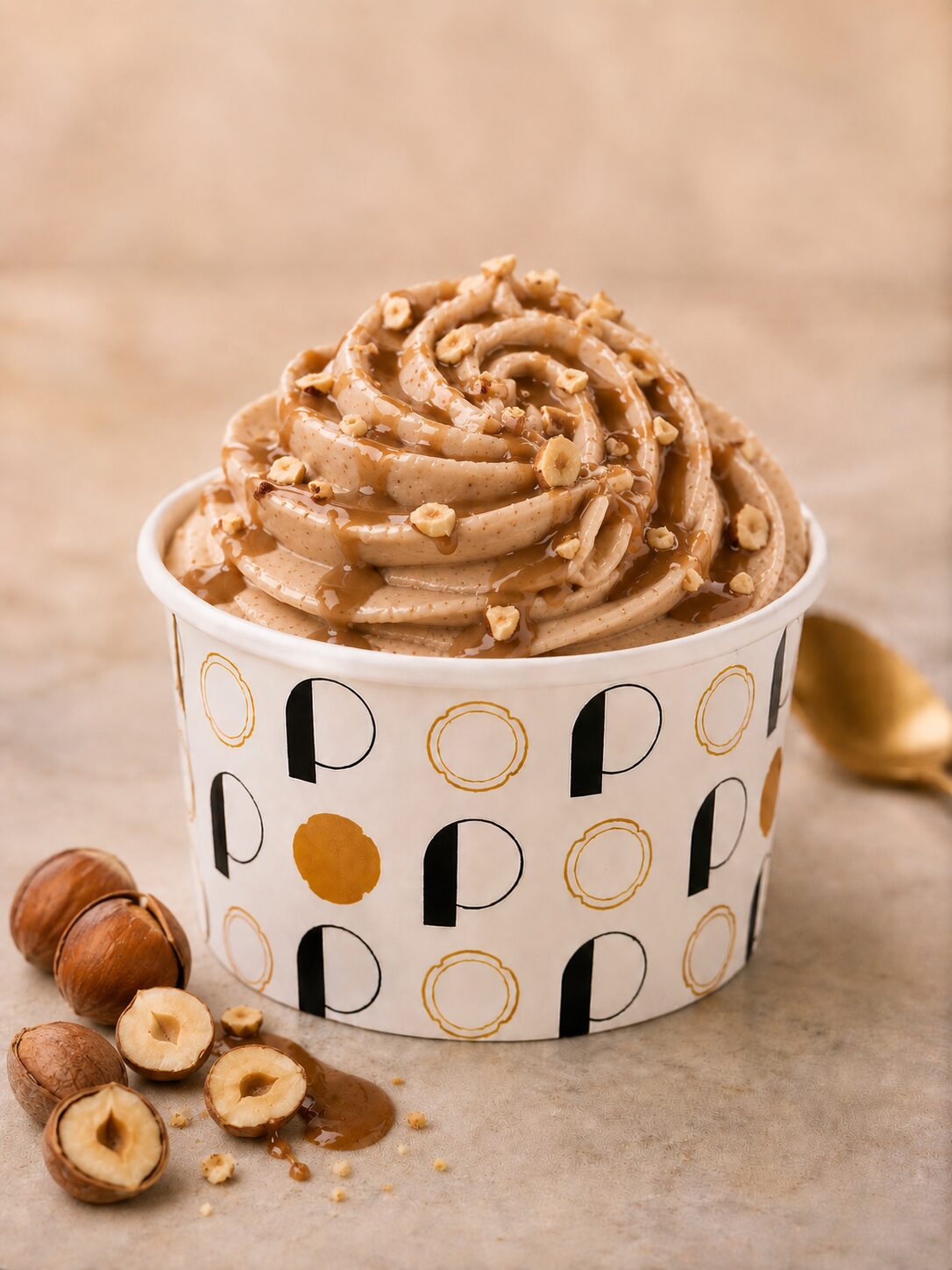 Glace noisette praliné_Tony Pluot Pot de glace rond avec des lettres noires et dorées, rosace de glace pochée de couleur marron noisette et de goût noisette du Piémont avec des noisettes concassées.