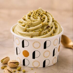 Pot de glace rond avec des lettres noires et dorées, rosace de glace pochée de couleur verte pistache et de goût pistache avec des pistaches concassées et en éclates de pistaches et des pistaches fraîches.