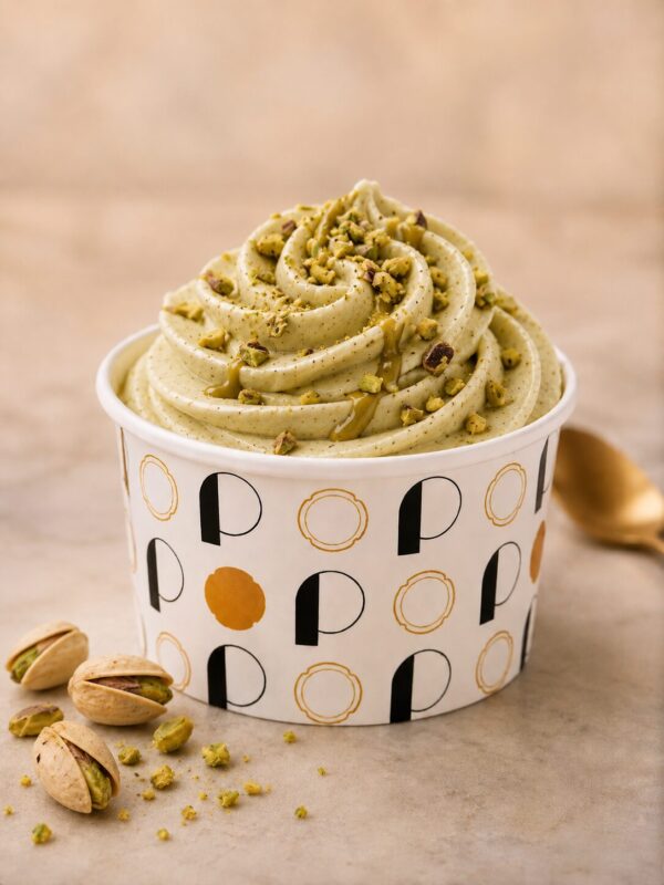 Pot de glace rond avec des lettres noires et dorées, rosace de glace pochée de couleur verte pistache et de goût pistache avec des pistaches concassées et en éclates de pistaches et des pistaches fraîches.