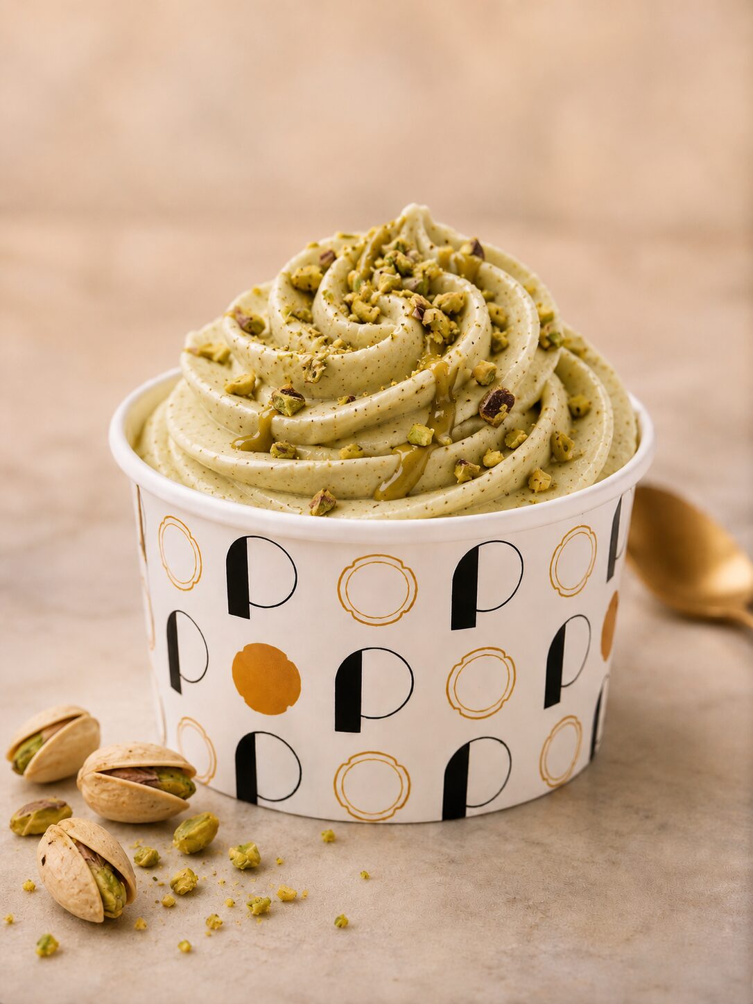 Glace pistache_Tony Pluot Pot de glace rond avec des lettres noires et dorées, rosace de glace pochée de couleur verte pistache et de goût pistache avec des pistaches concassées et en éclates de pistaches et des pistaches fraîches.