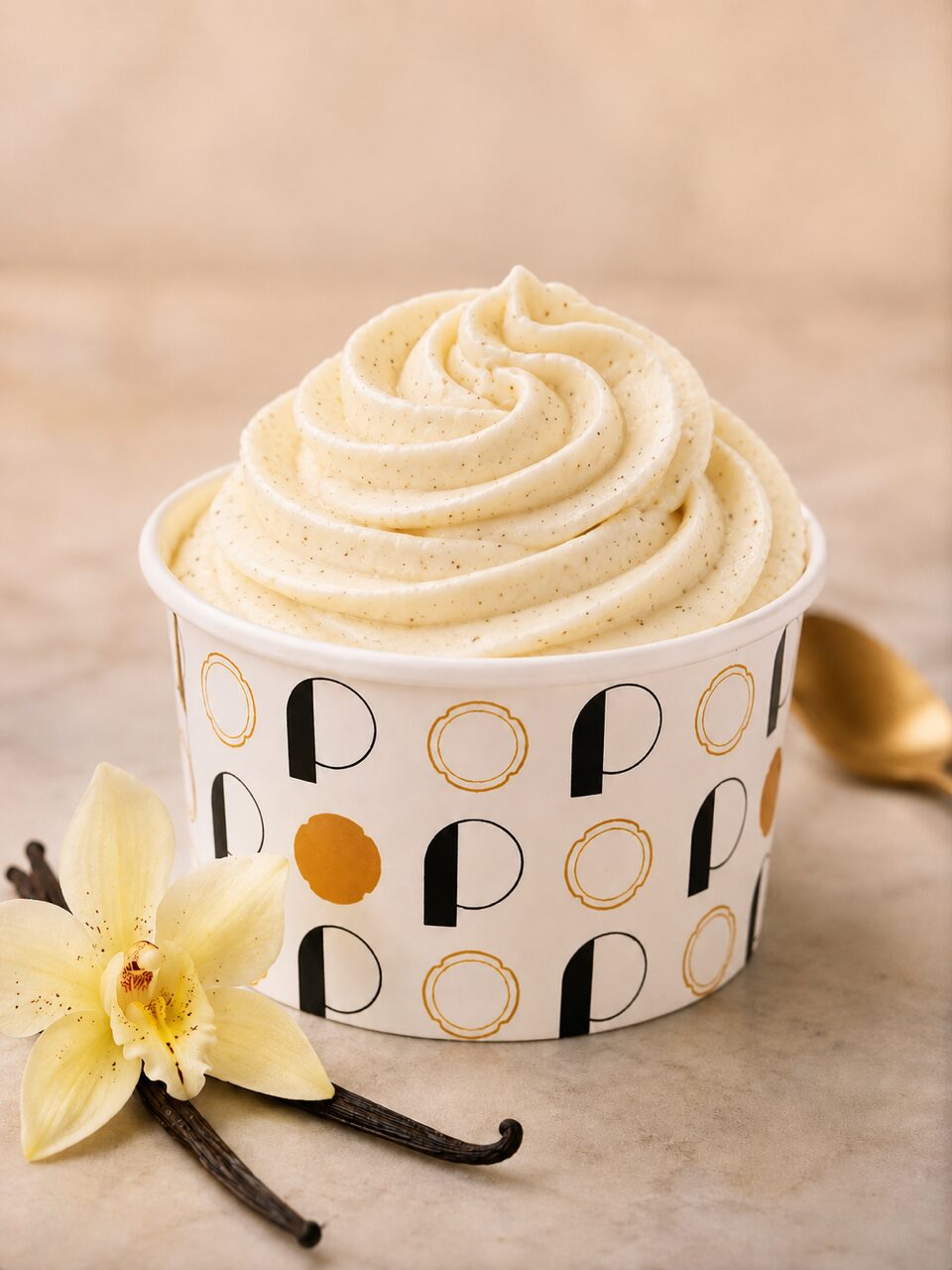 Glace vanille_Tony Pluot Pot de glace rond avec des lettres noires et dorées, rosace de glace pochée de couleur blanche de goût vanille avec des grains de gousses de vanille.