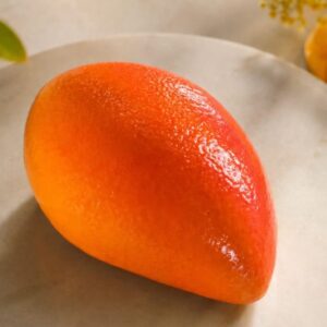 Une mangue posée sur l'ardoise. Parfaite, brillante aux couleurs orange et rouge, avec une mangue fraîche.