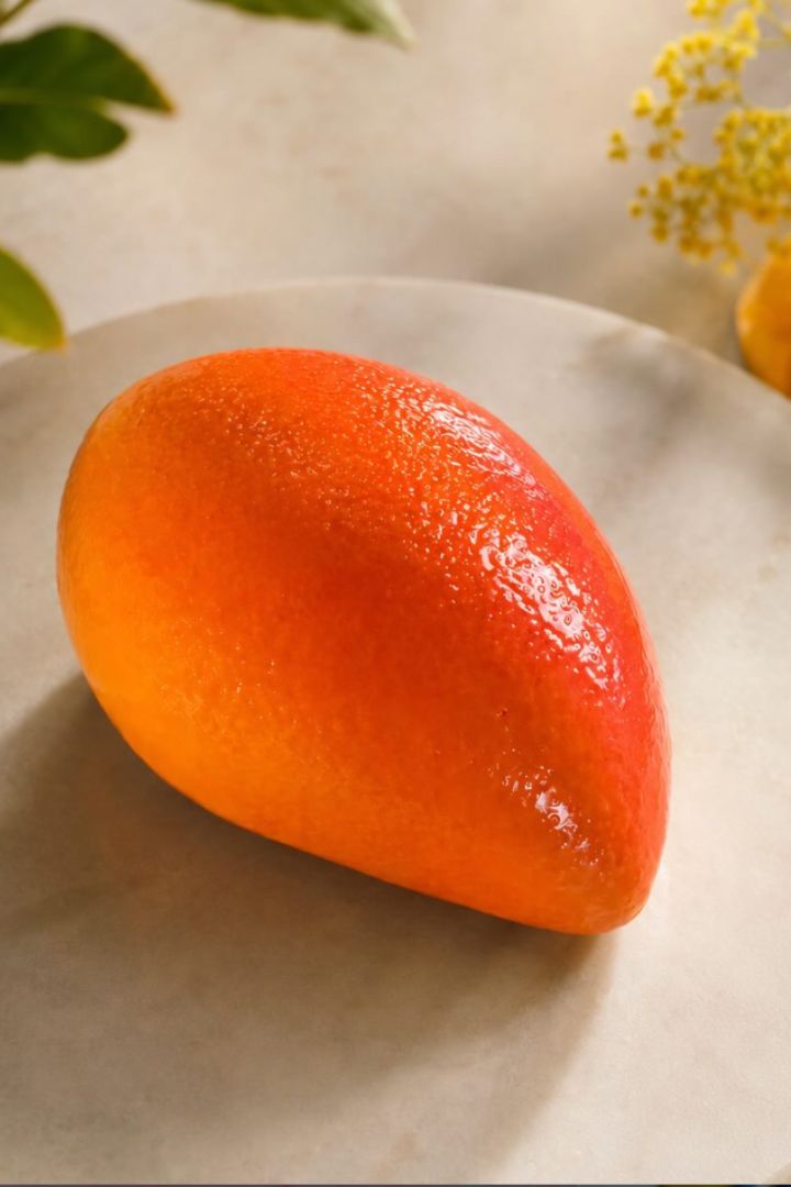 Mangue_Tony Pluot Une mangue posée sur l'ardoise. Parfaite, brillante aux couleurs orange et rouge, avec une mangue fraîche.