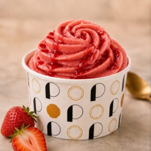 Pot de glace rond avec des lettres noires et dorées, rosace de sort pochée de couleur rouge fraise et de goût fraise avec un coulis fraise et des fraises fraîches découpées.