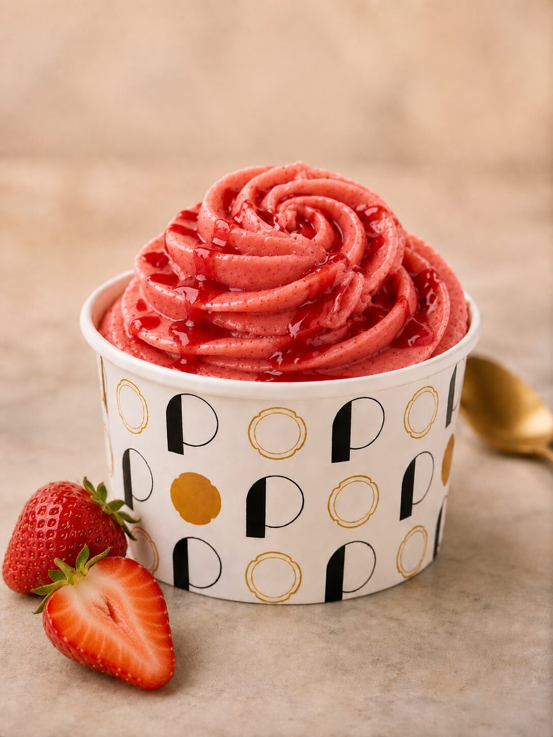 Pot de glace rond avec des lettres noires et dorées, rosace de sort pochée de couleur rouge fraise et de goût fraise avec un coulis fraise et des fraises fraîches découpées.