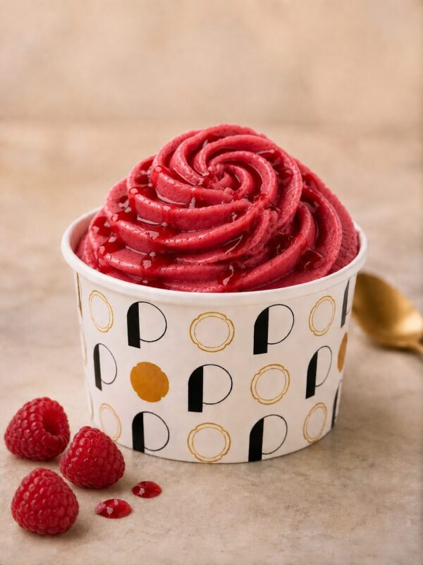 Pot de glace rond avec des lettres noires et dorées, rosace de sorbet pochée de couleur rouge framboise et de goût framboise avec un coulis framboise et des framboises fraîches découpées.