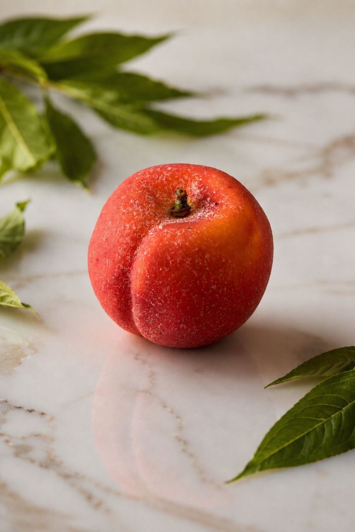 Pêche_Tony Pluot Ce fruit est une pêche de couleur rouge-orangé, posée sur un marbre.