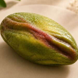 Une pistache posée sur l'ardoise. Parfait trompe-l'œil en forme de pistache de couleur verte.